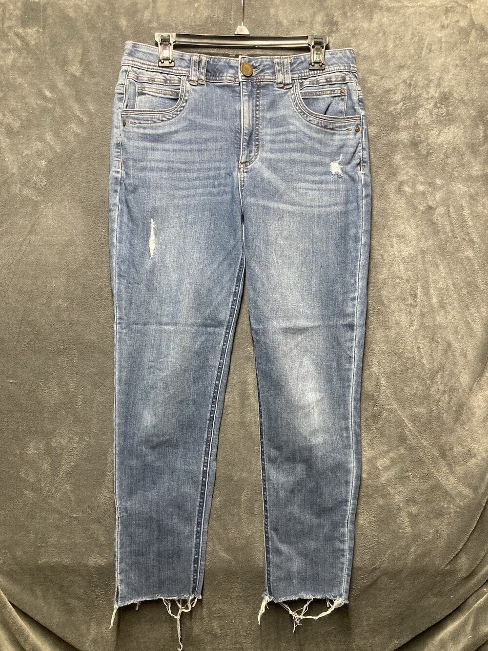 Democracy Ab Technology Stretch Denim Straight Frayed Hem Blue Jeans Woman Sz 8